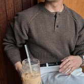 Hearujoy Mens Autumn Waffle Solid Color Round Neck Knitted T-Shirt Genderless Fashion Trend Casual Loose Simple Long Sleeve Top Unisex